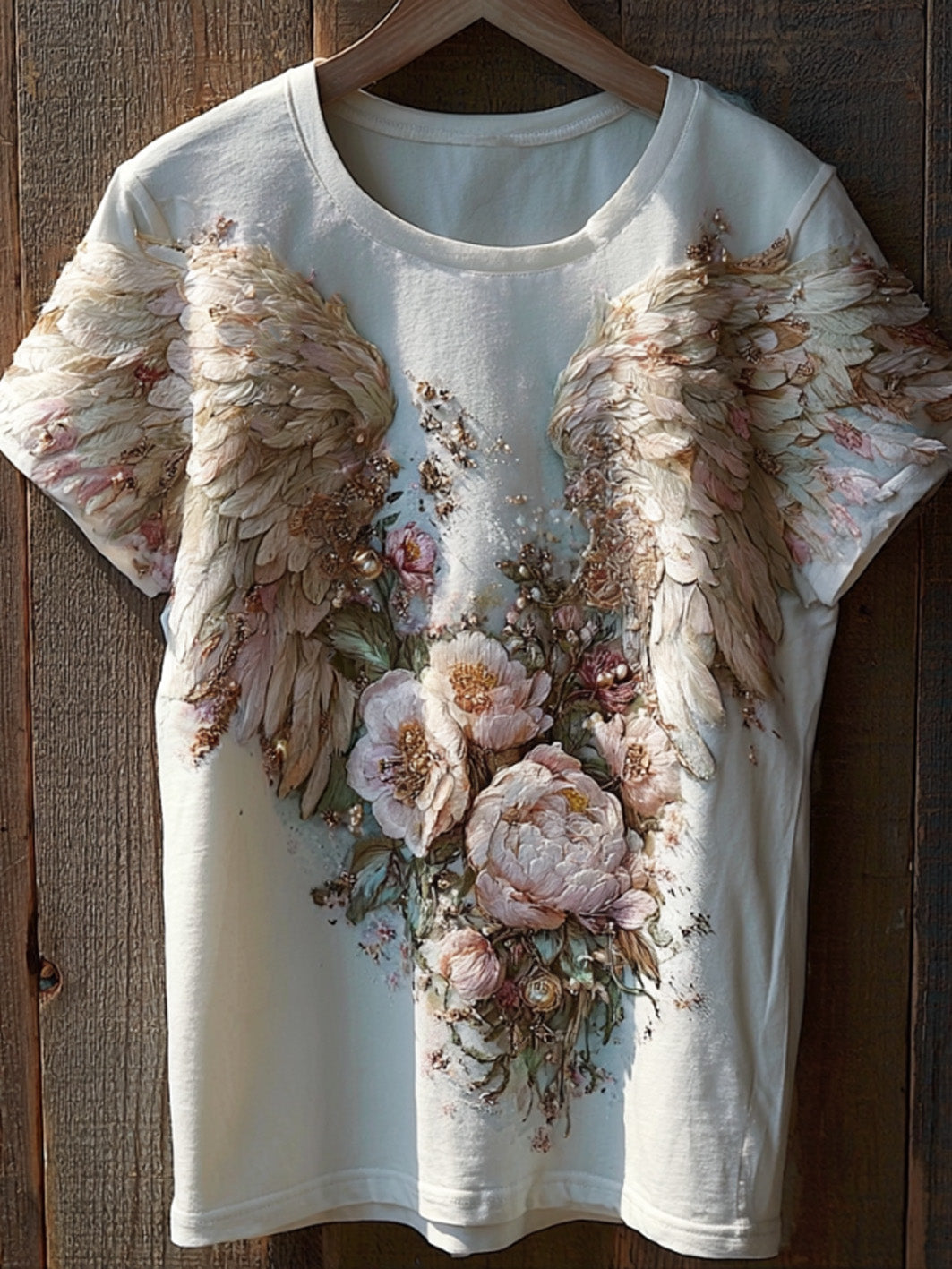Padrão floral e asa retrô feminino impresso camiseta de manga curta