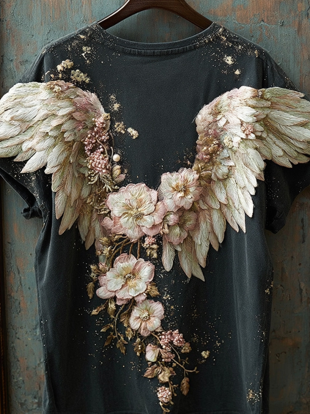 Camiseta feminina de mangas curtas, estampada com motivos florais e asas em estilo retrô