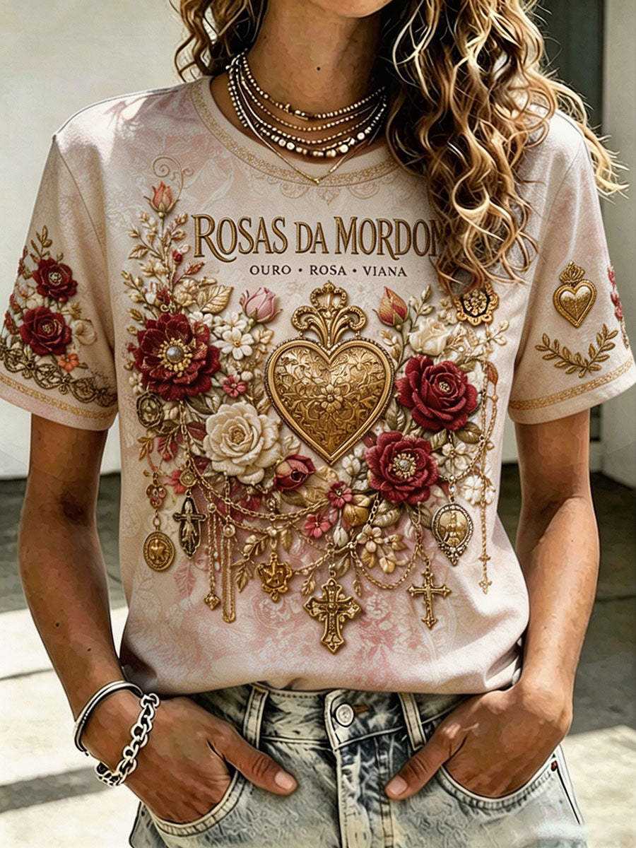 Camiseta de linho estampada com arte das Festas d’Agonia, Portugal, para mulheres