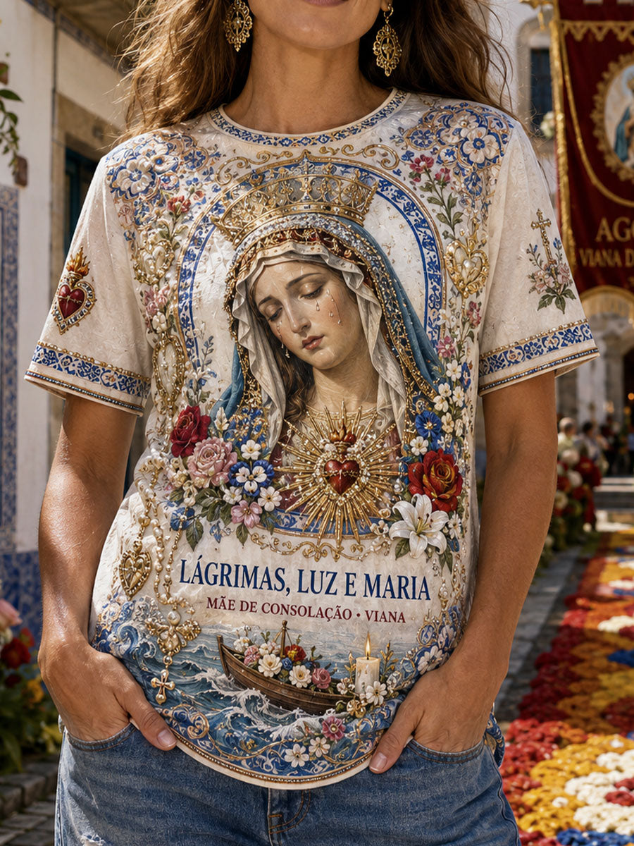 Camiseta de linho estampada com arte das Festas d’Agonia, Portugal, para mulheres