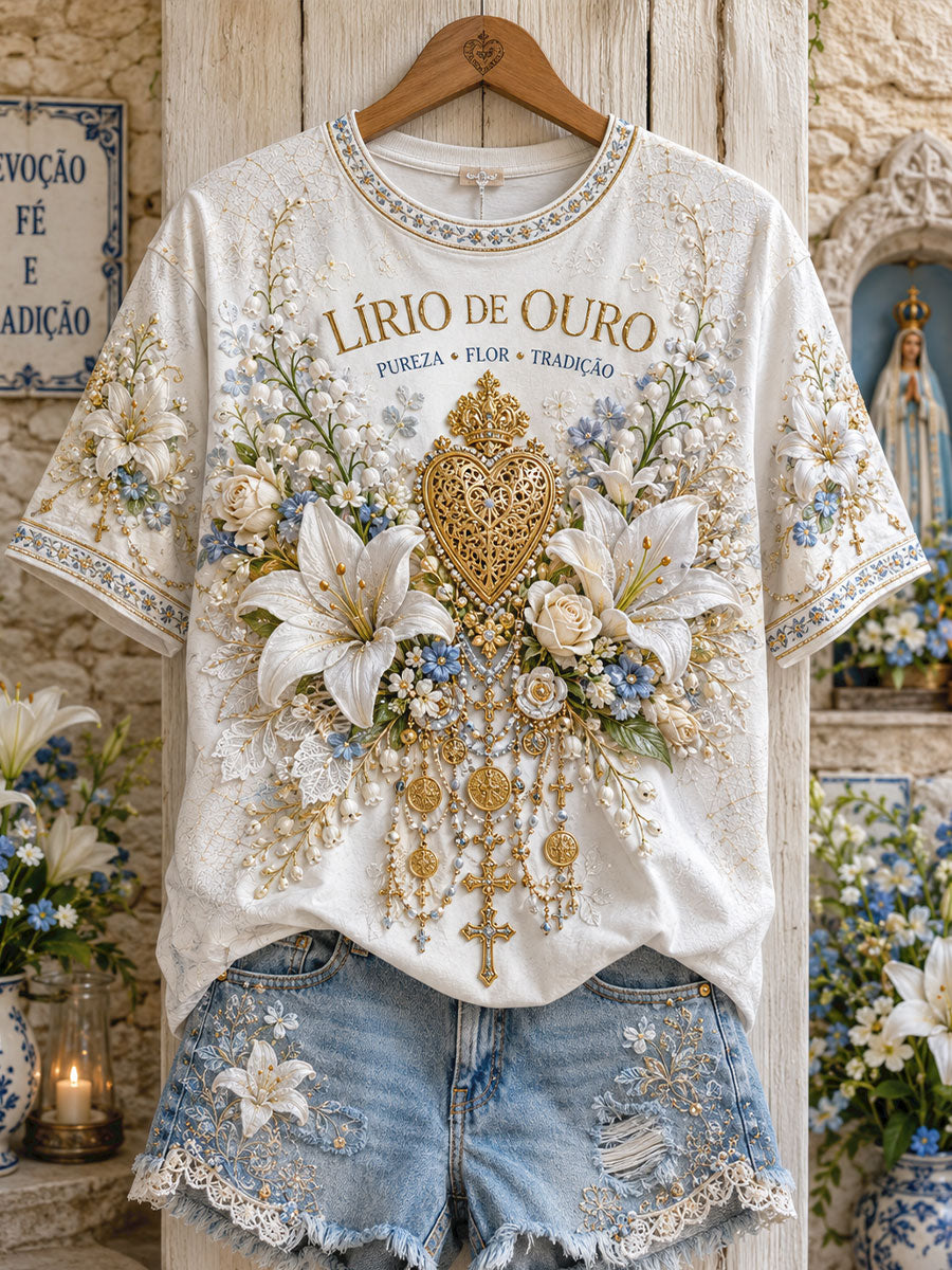 Camiseta de linho estampada com arte das Festas d’Agonia, Portugal, para mulheres