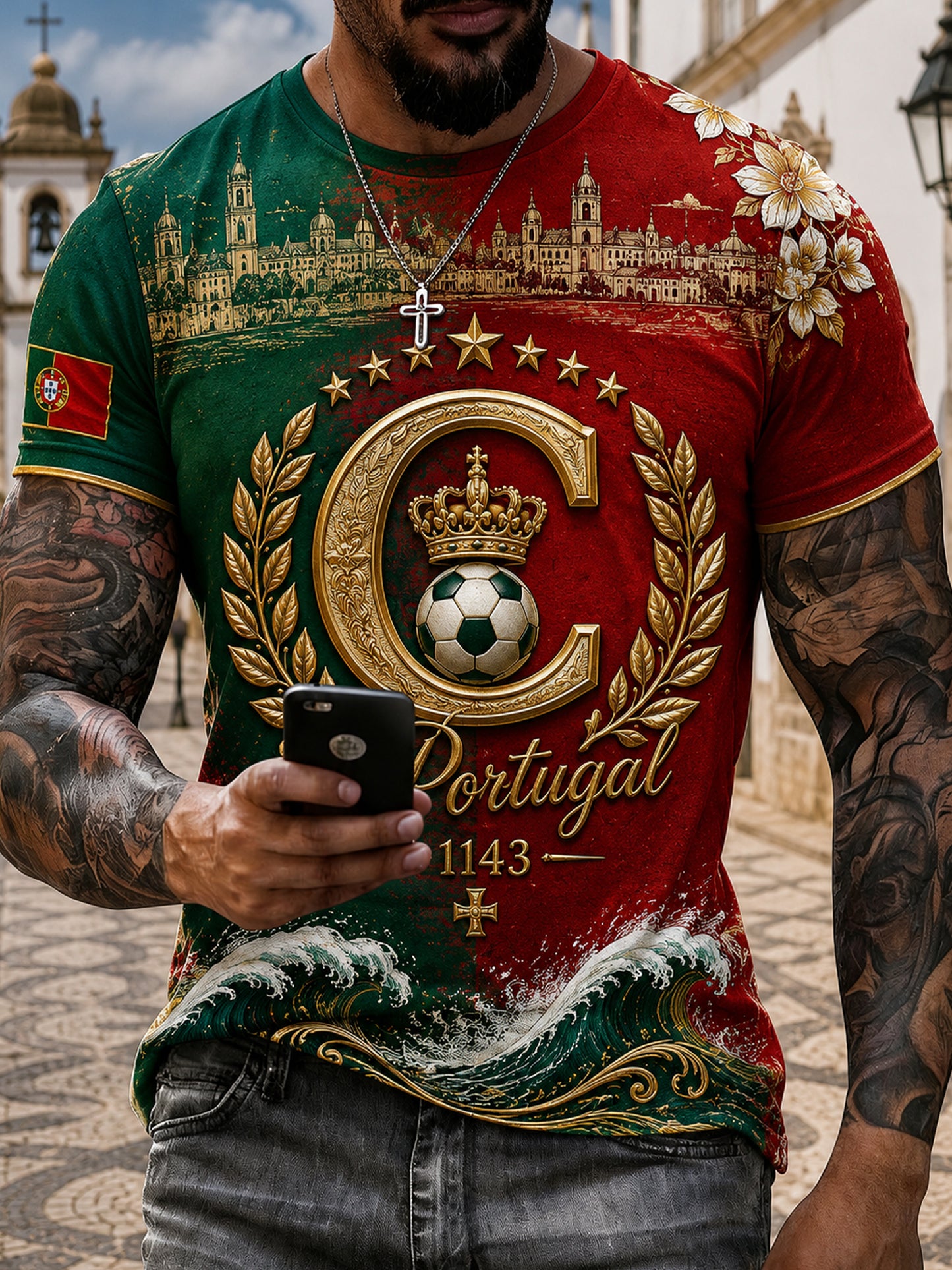 Camiseta com estampa artística de torcida para jogos de futebol da seleção portuguesa masculina