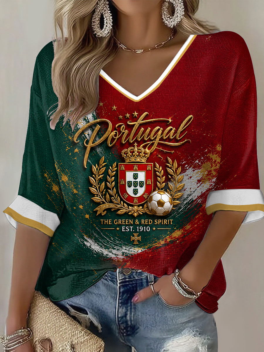 Futebol Português Feminino Estampado Casual T-shirt