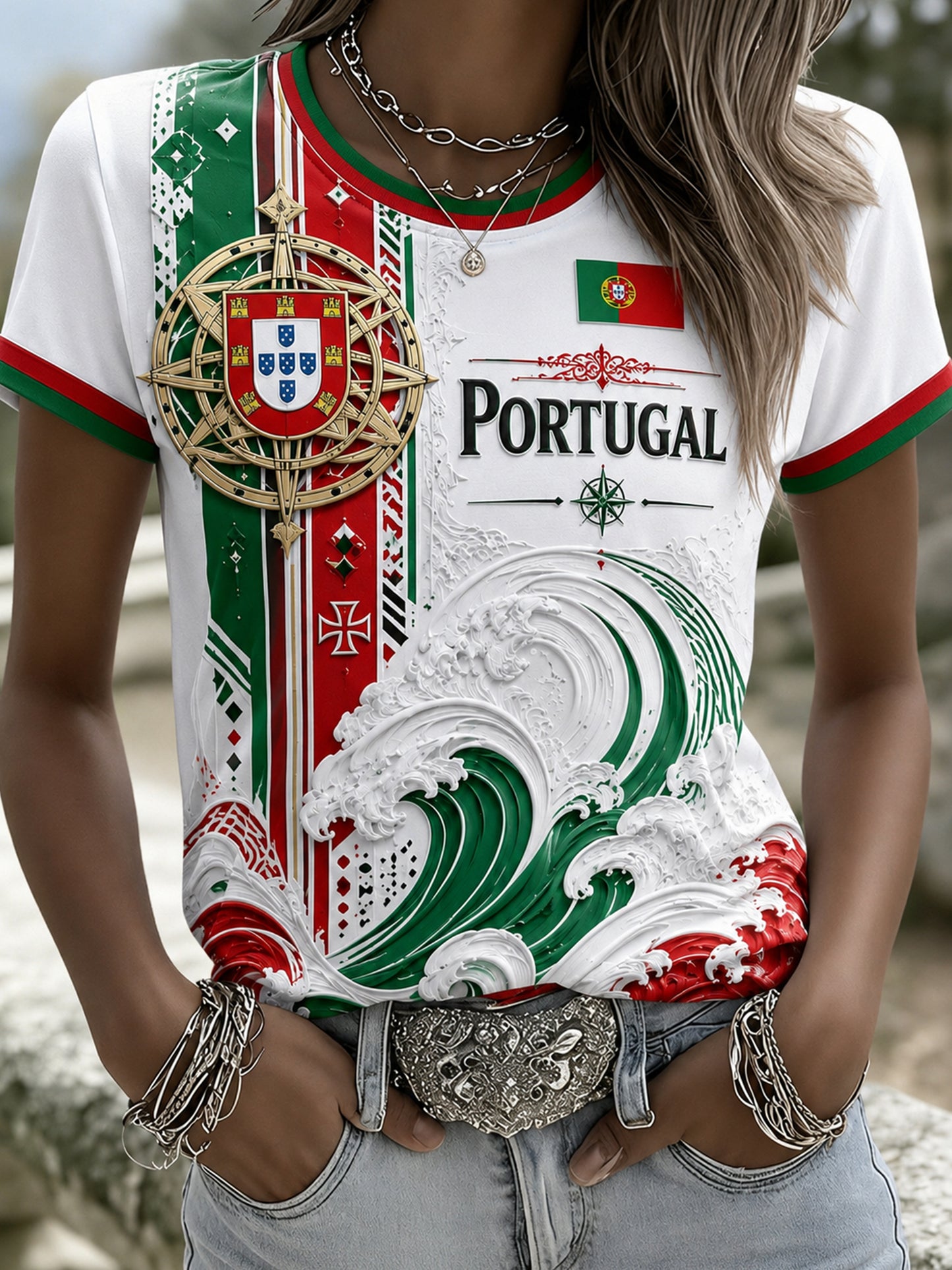 Camiseta com estampa artística de elemento de torcida para partida de futebol feminino de Portugal