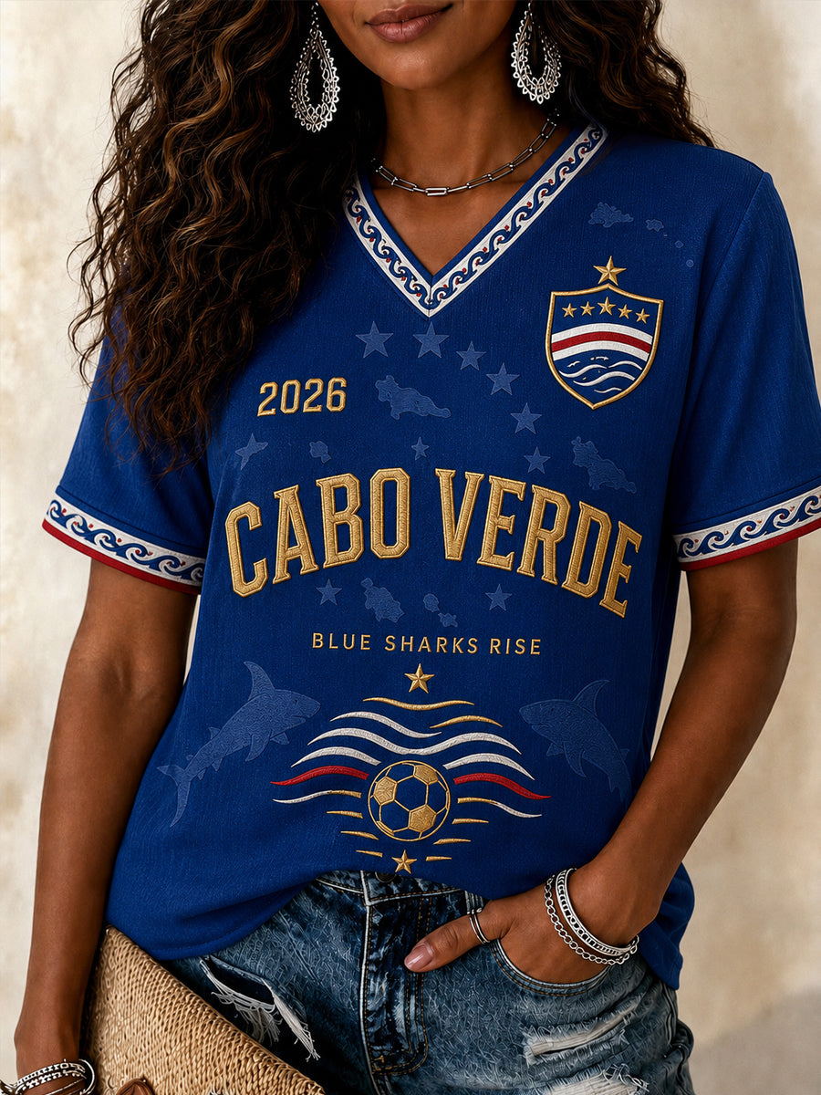 Camiseta Casual com Gola em V e Estampa para Mulheres, Presente Ideal para Fãs de Futebol