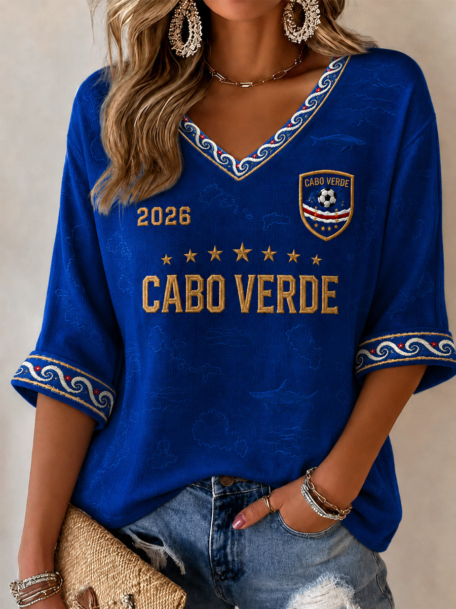 Camiseta Feminina Casual com Estampa para Fãs de Futebol, Manga Meia‑Cava e Gola em V