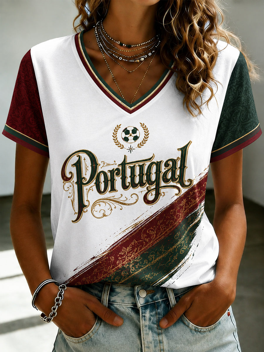 Camiseta feminina de futebol português com estampa e gola em V