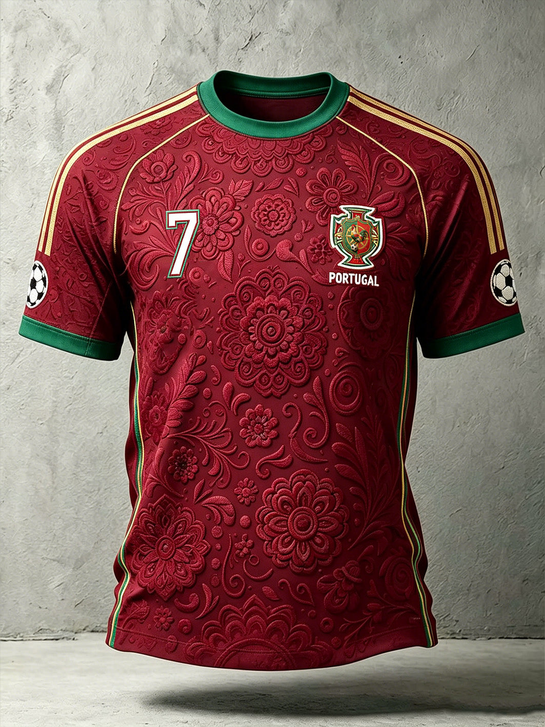 Camiseta esportiva casual com estampa de plantas e elementos do futebol masculino