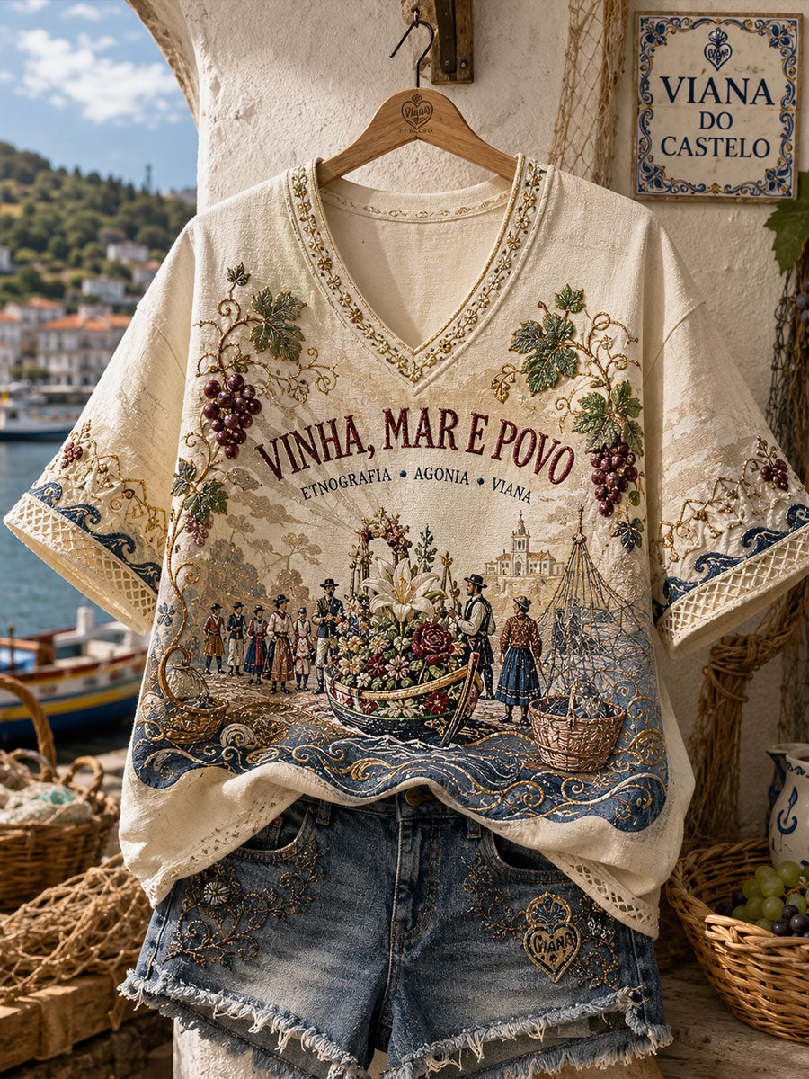 Camiseta de linho estampada com arte das Festas d’Agonia, Portugal, para mulheres
