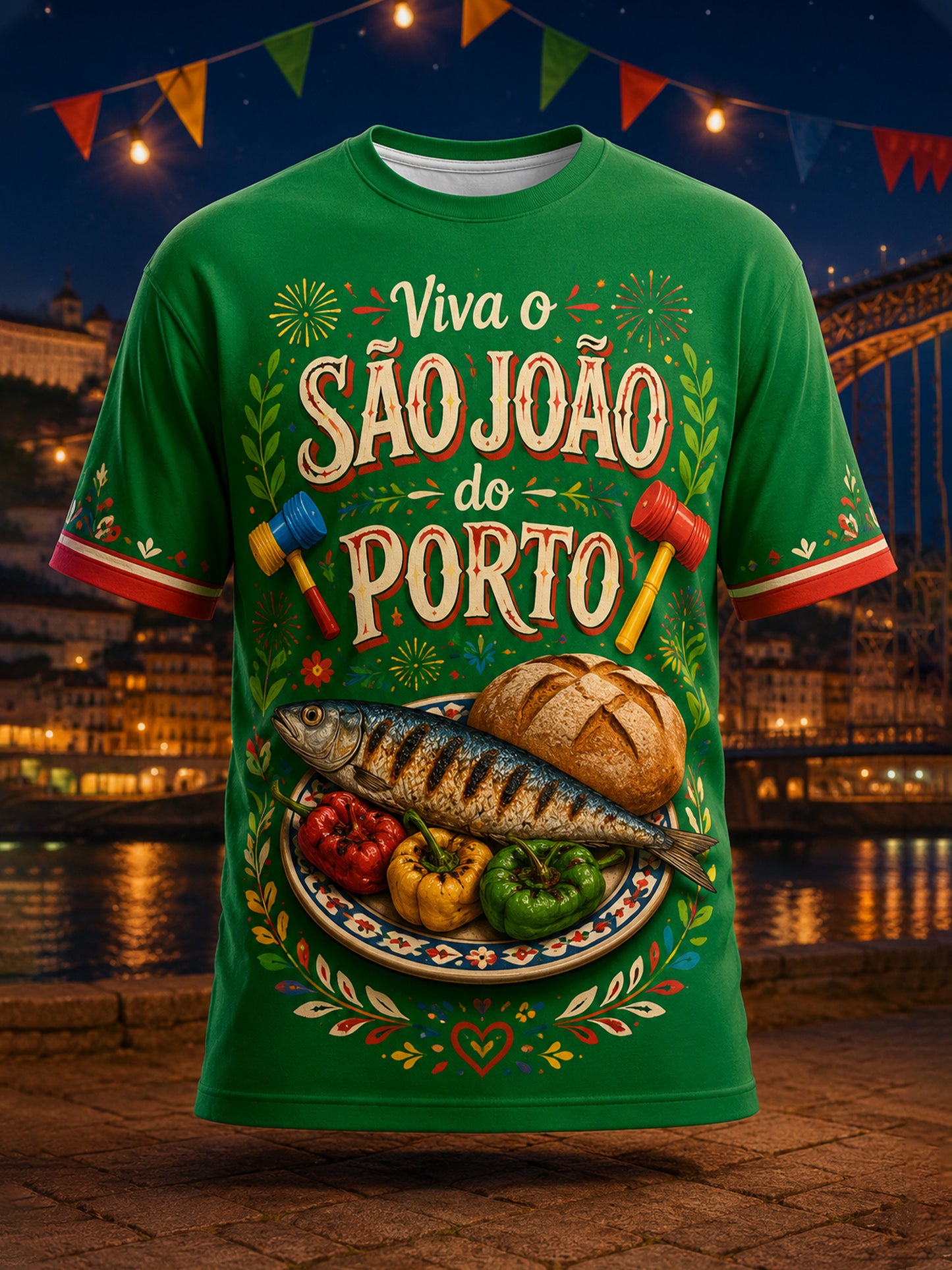 Camiseta masculina com estampa artística comemorativa do Dia de São João, em português