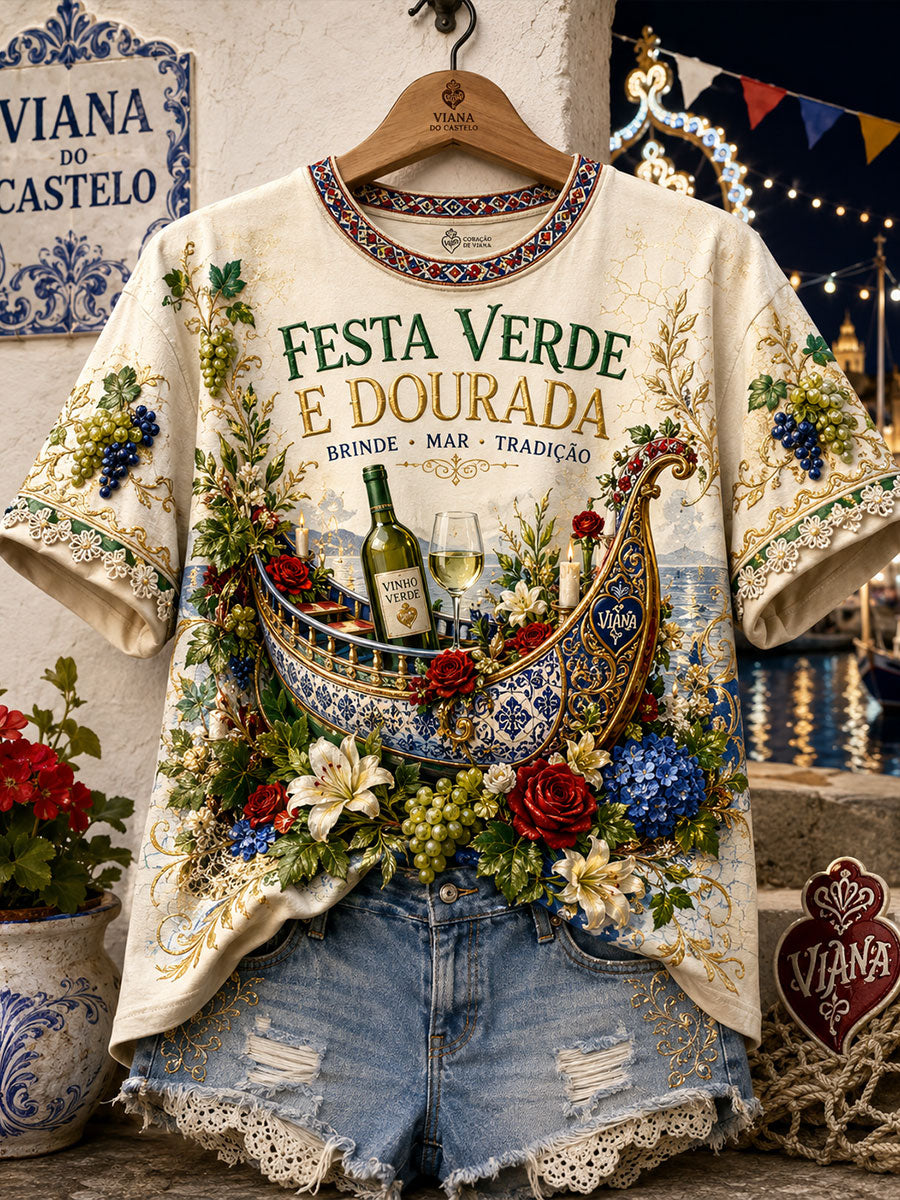 Camiseta de linho estampada com arte das Festas d’Agonia, Portugal, para mulheres