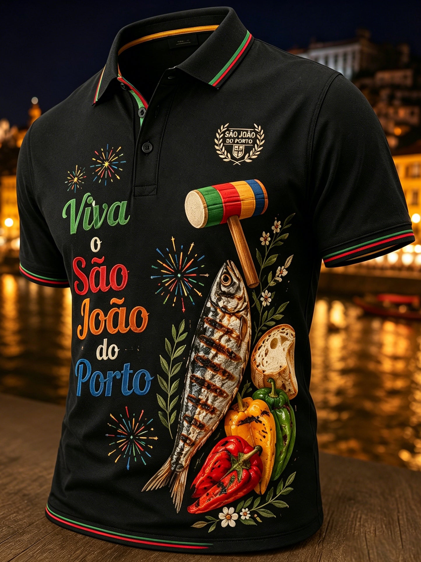 Polo com estampa artística comemorativa do Dia de São João, masculino, em português