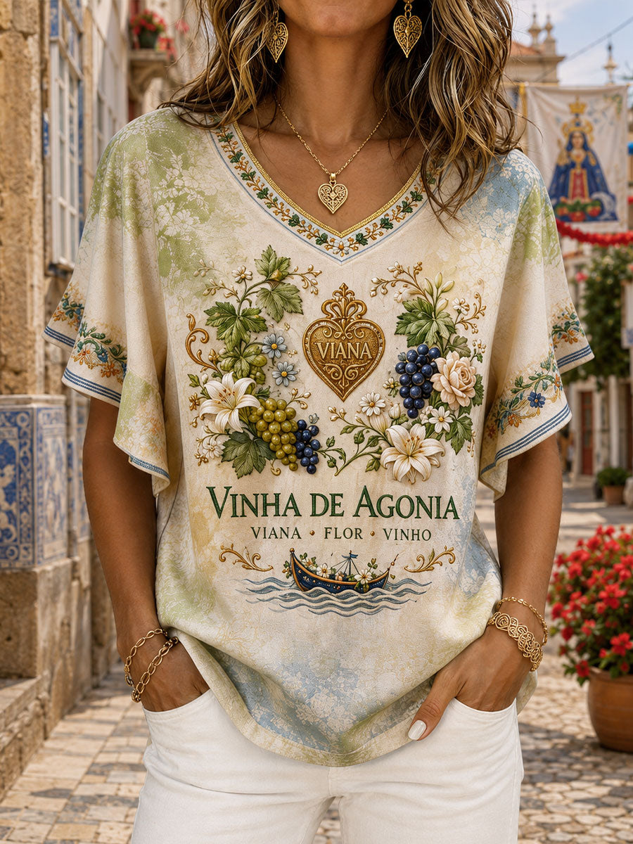 Camiseta de linho estampada com arte das Festas d’Agonia, Portugal, para mulheres