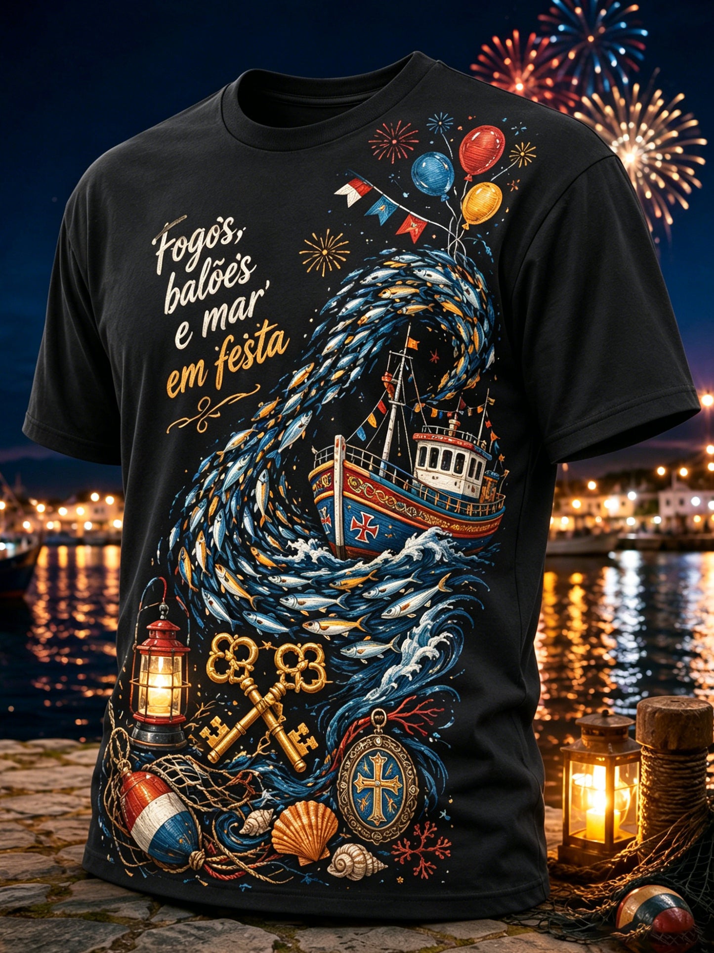 Camiseta com estampa artística comemorativa do Dia de São Pedro, em português, para homens