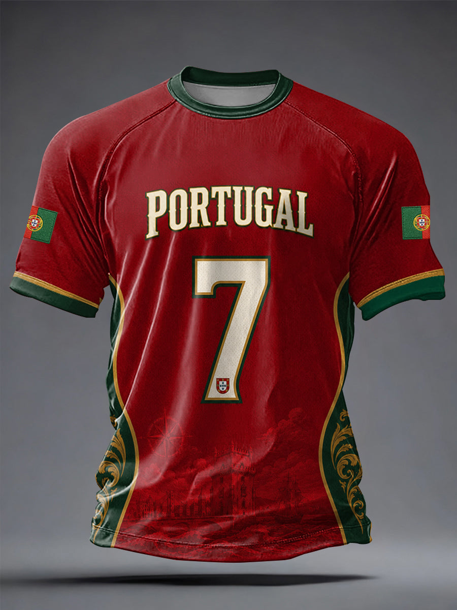 Camiseta masculina casual de manga curta com estampa de futebol português