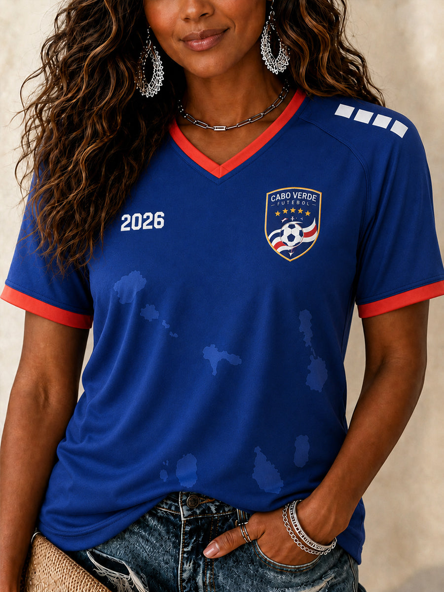 Camiseta Casual com Gola em V e Estampa para Mulheres, Presente Ideal para Fãs de Futebol