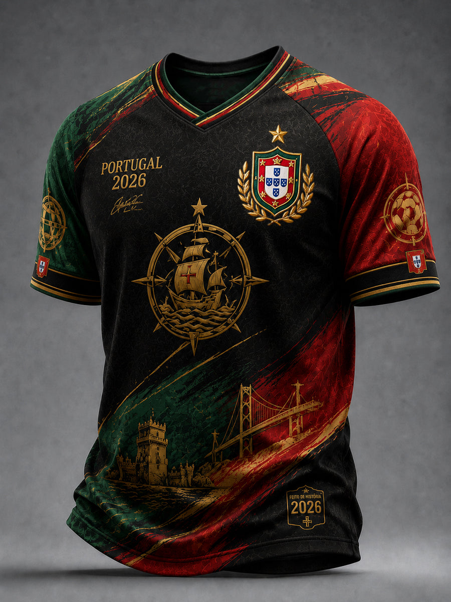 Retro 2026 Portugal Futebol Fã Casual V-Neck T-shirt
