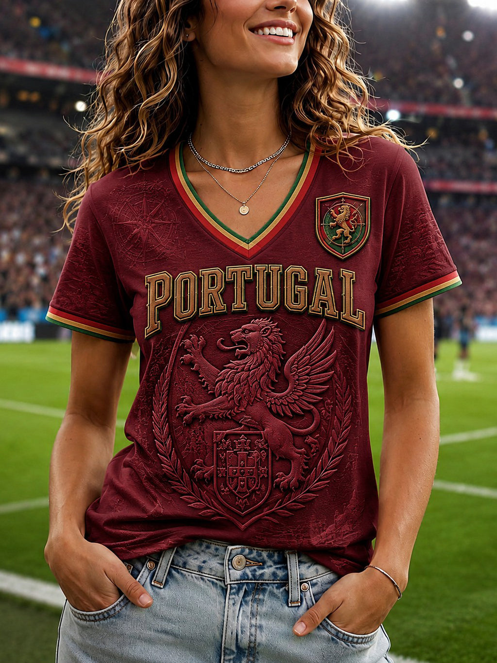 Camiseta feminina de futebol de Portugal com estampa e gola em V