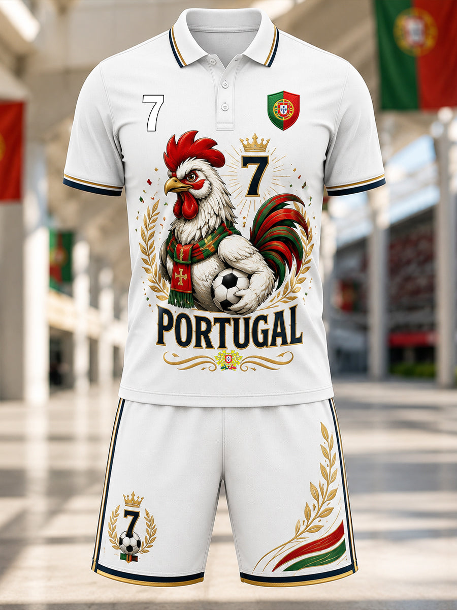 Conjunto de polo com estampa artística de elemento de torcida para partida de futebol masculina em Portugal
