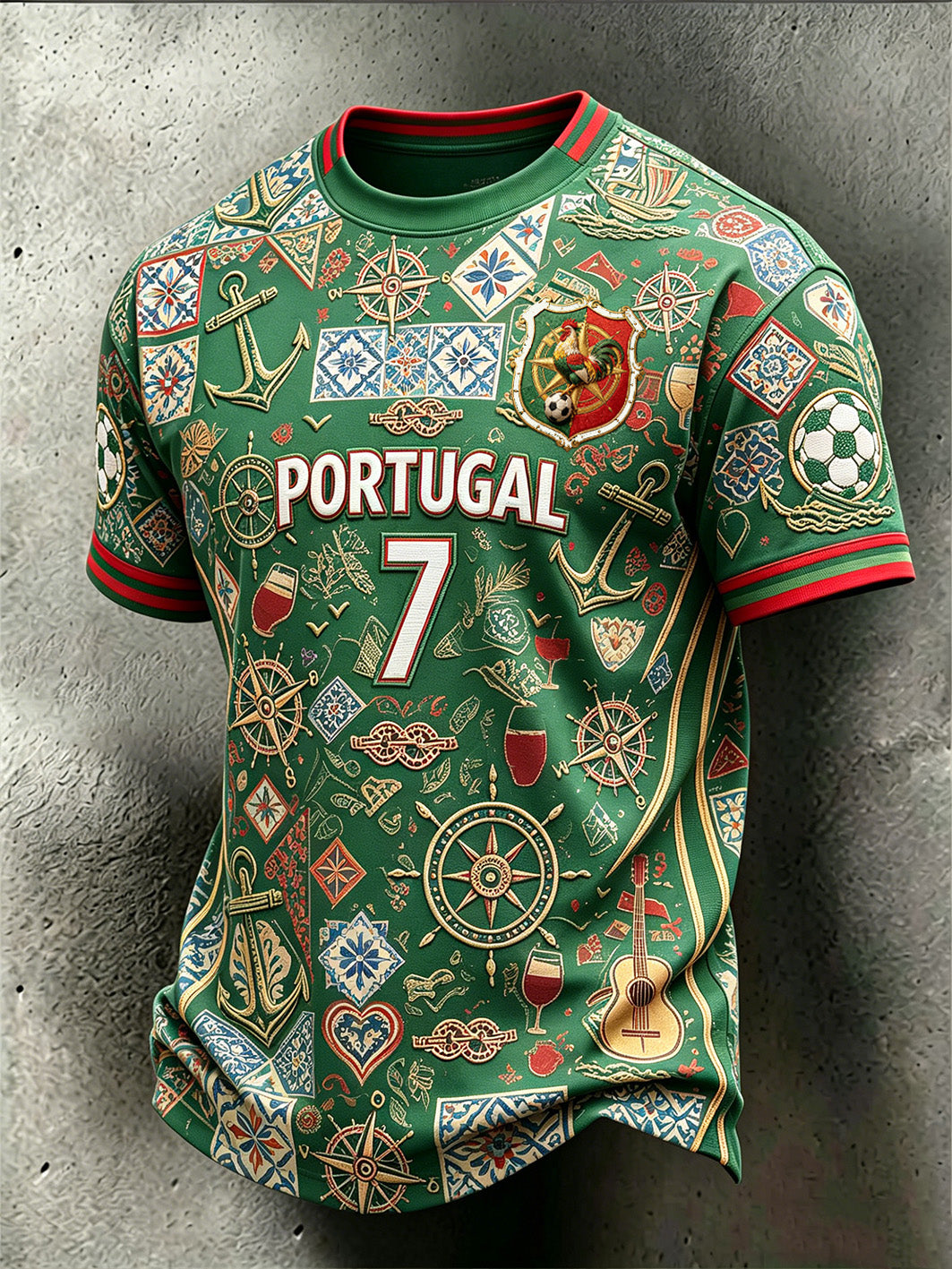 Camiseta casual estampada com padrão náutico e elementos do futebol masculino