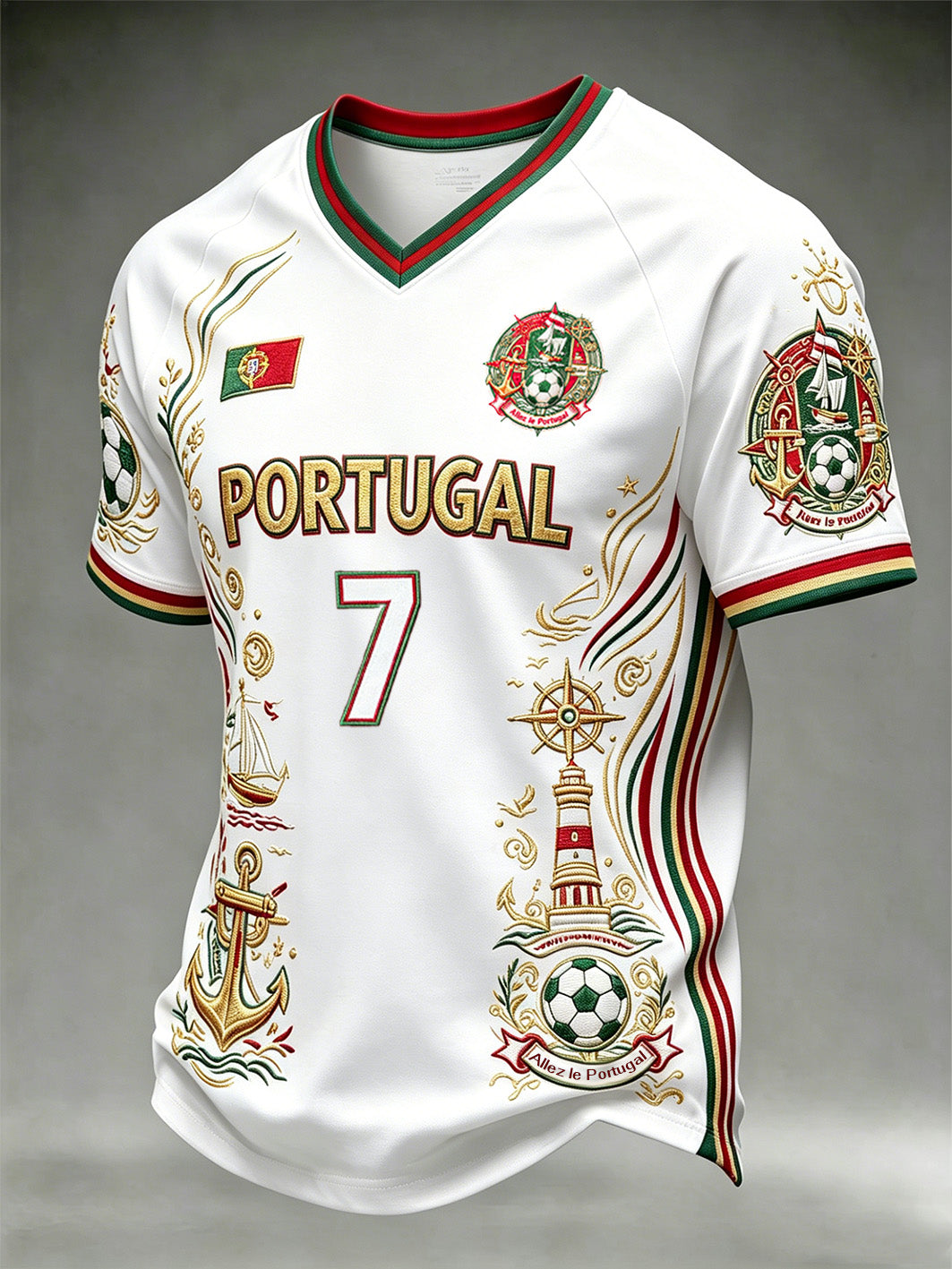 Camiseta casual estampada com padrão náutico e elementos do futebol masculino