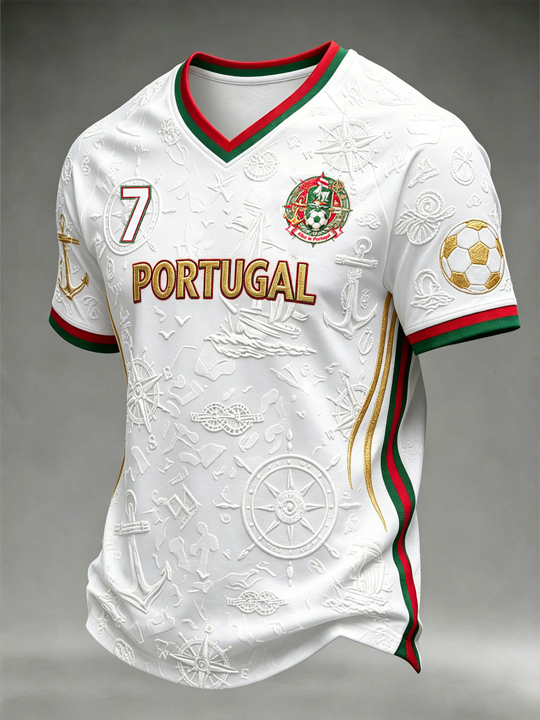 Camiseta casual estampada com padrão náutico e elementos do futebol masculino