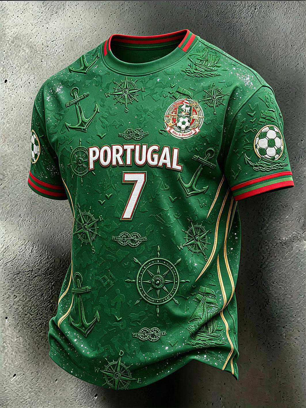 Camiseta casual estampada com padrão náutico e elementos do futebol masculino