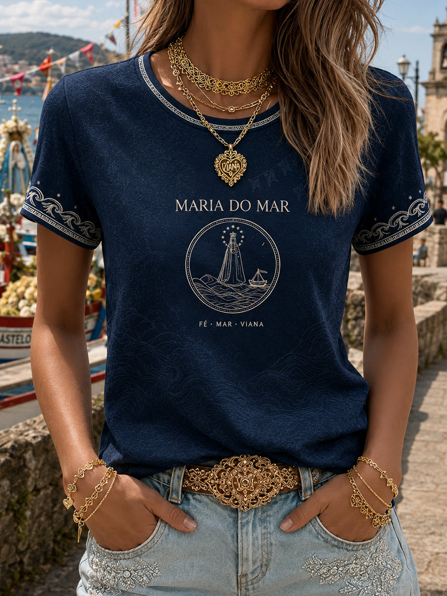 Camiseta estampada em linho com arte das Festas d’Agonia, Portugal, feminina