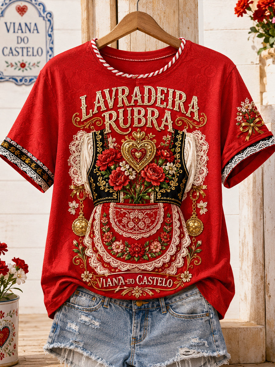 Camiseta estampada em linho com arte das Festas d’Agonia, Portugal, feminina