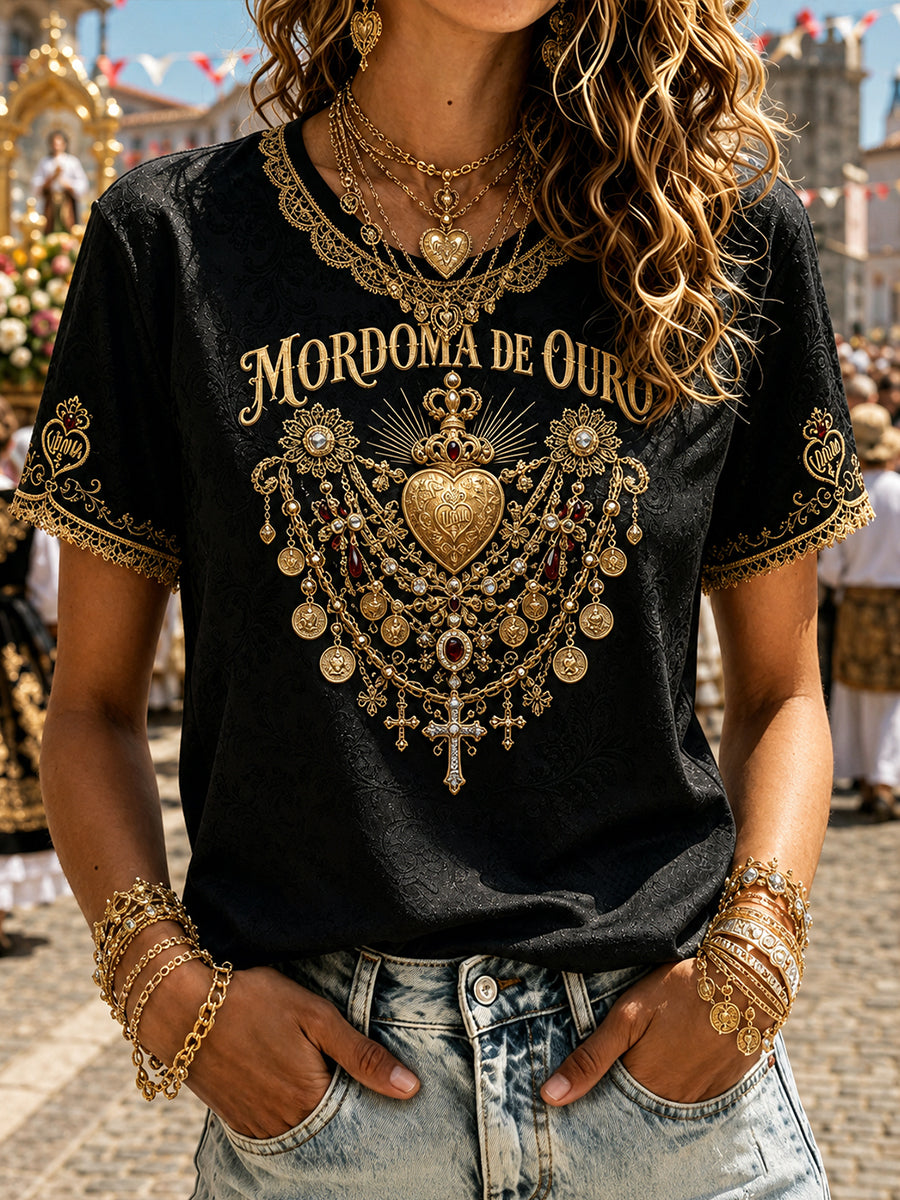 Camiseta estampada em linho com arte das Festas d’Agonia, Portugal, feminina
