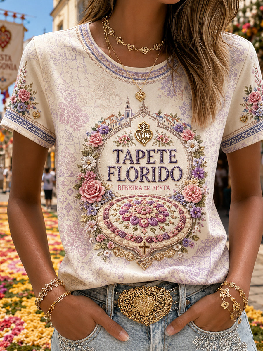 Camiseta estampada em linho com arte das Festas d’Agonia, Portugal, feminina