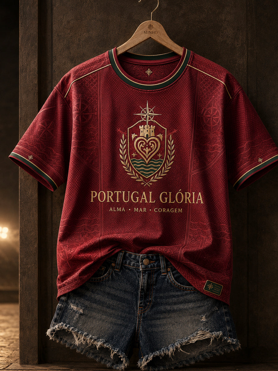 Camiseta estampada em linho com arte das Festas d’Agonia, Portugal, feminina