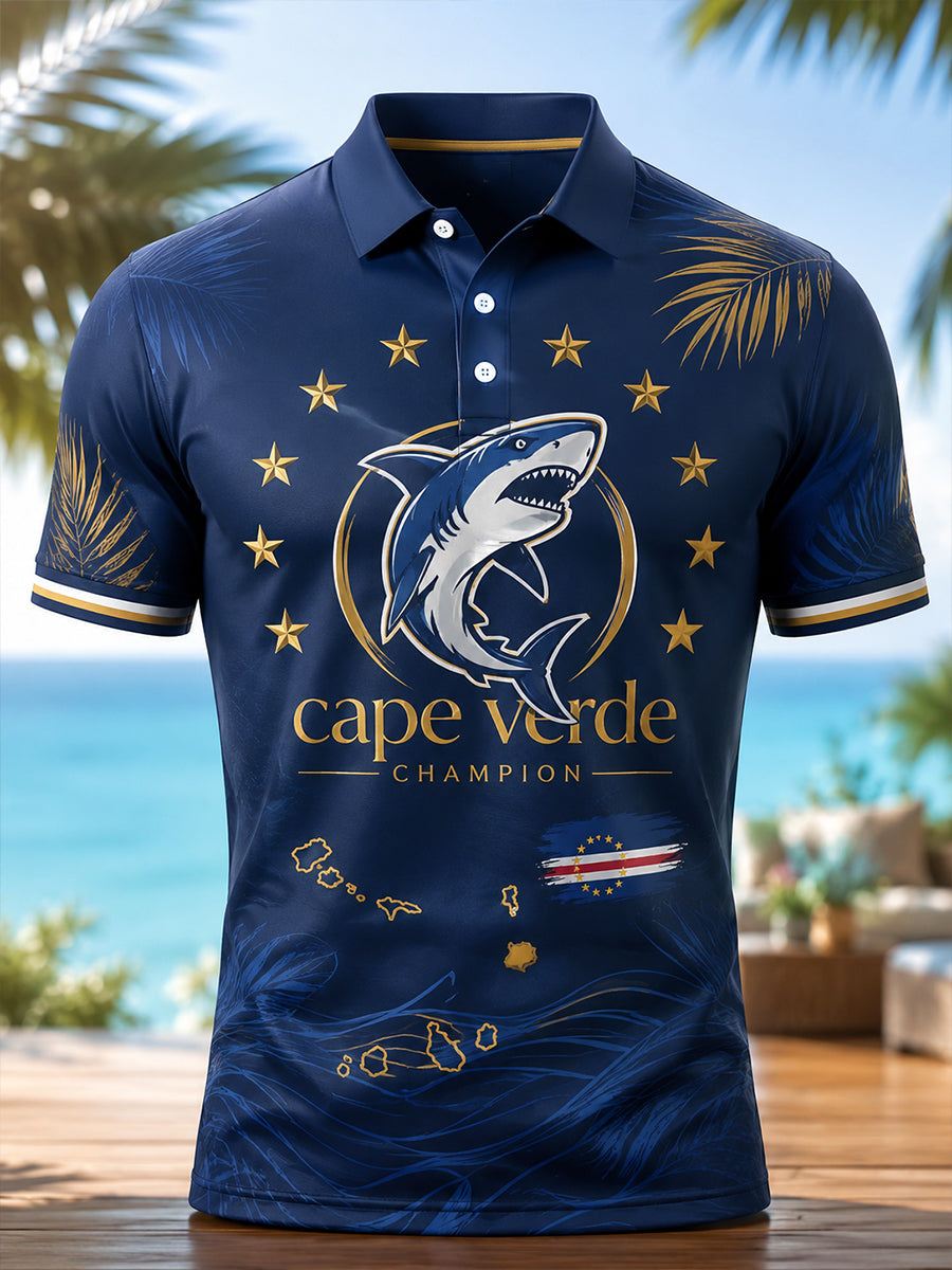 Camisa polo com estampa artística de elemento de torcida para jogos de futebol de Cabo Verde, masculina
