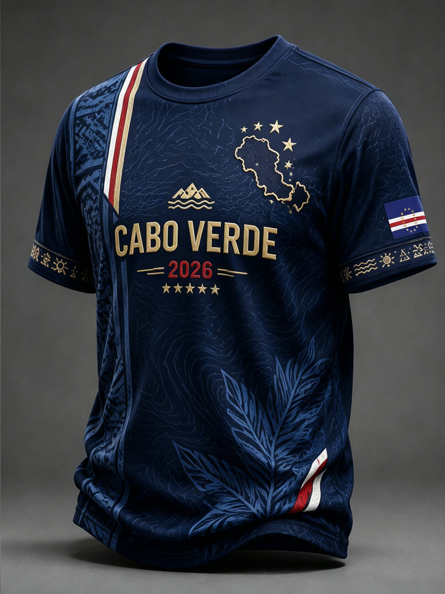 Camiseta casual estampada de torcedor de futebol cabo-verdiano para homens