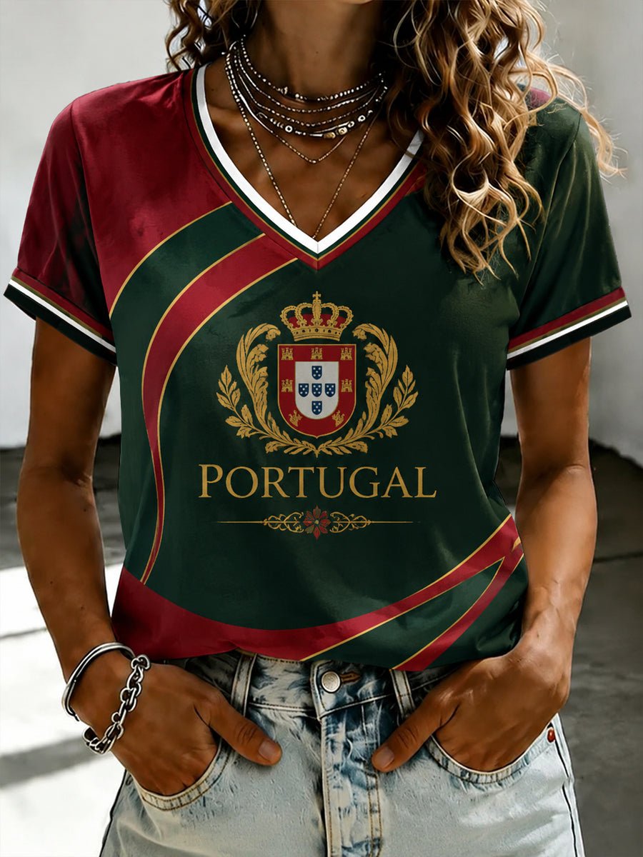 Camiseta feminina de futebol português com estampa e gola em V