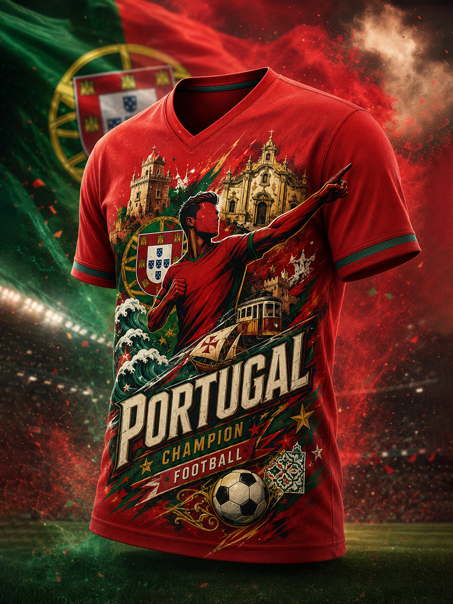 Camiseta com Impressão Artística de Apoio à Seleção Portuguesa de Futebol Masculino