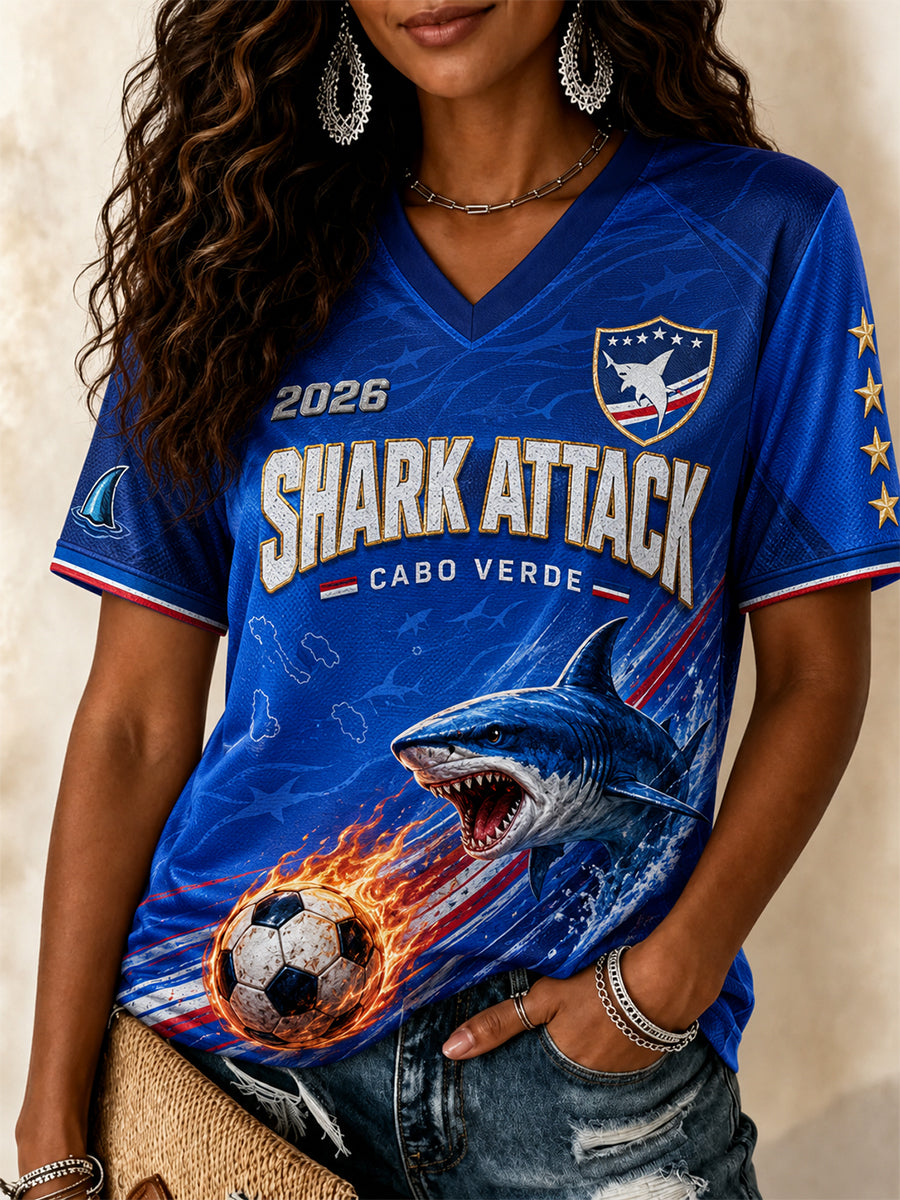 Camiseta Feminina de Futebol de Cabo Verde com Gola em V