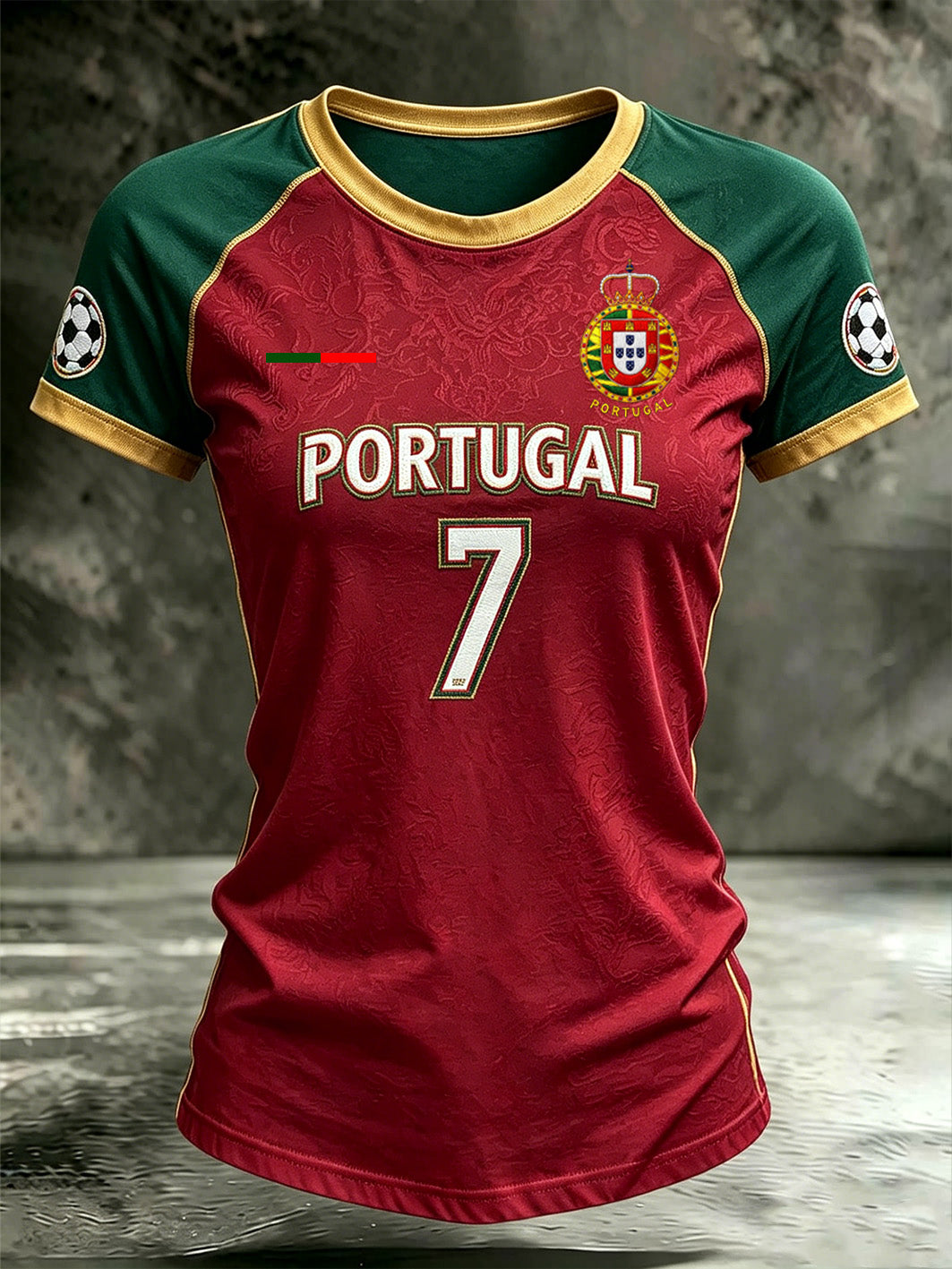 Vermelho e verde choque cor design futebol padrão elemento feminino redondo pescoço manga curta T-shirt