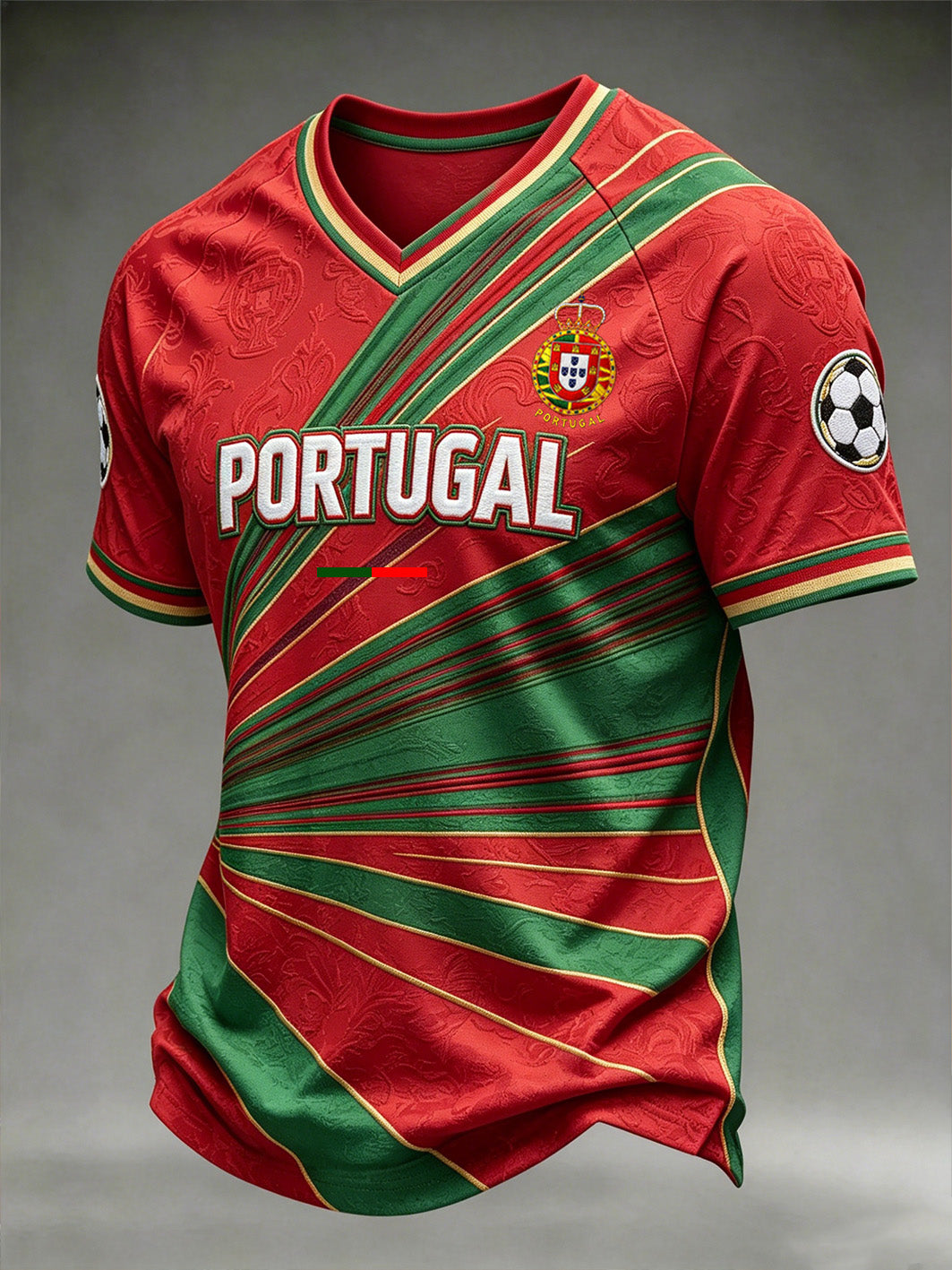 Camiseta de gola V com estampa em padrão futebolístico e design em combinação de cores vermelho e verde para homens
