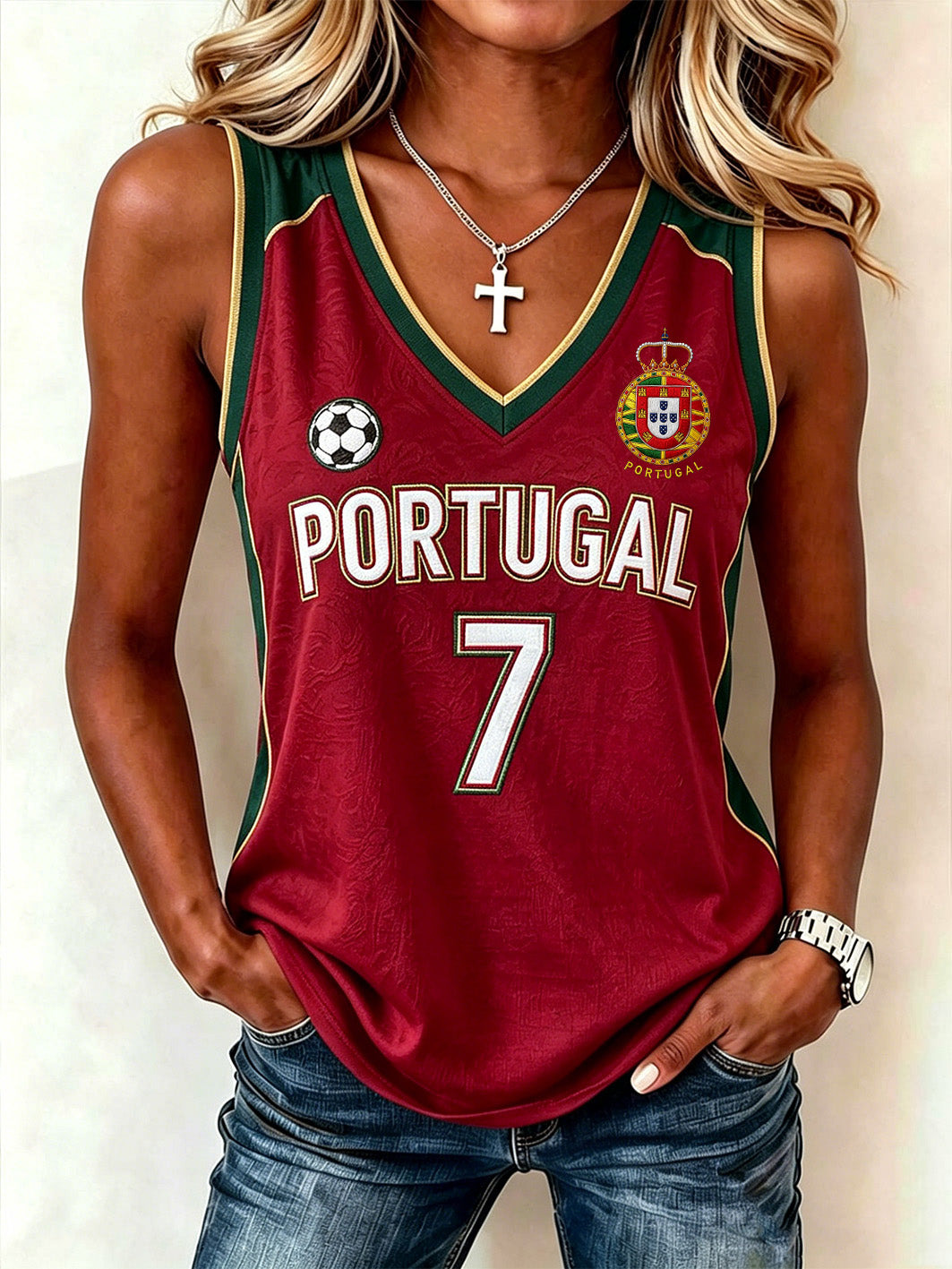 Colete feminino com estampa de futebol em combinação de cores vermelho e verde
