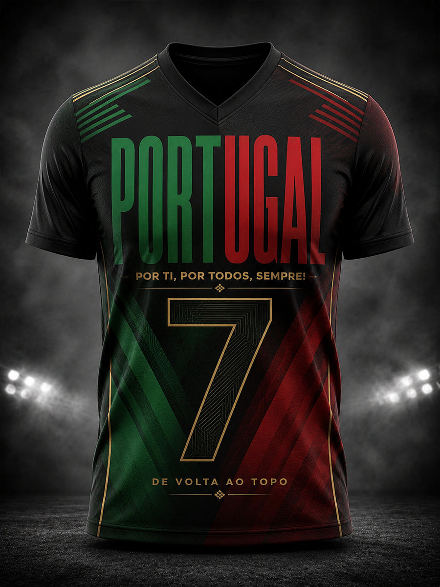 Camiseta masculina com estampa da lenda do futebol português, gola em V