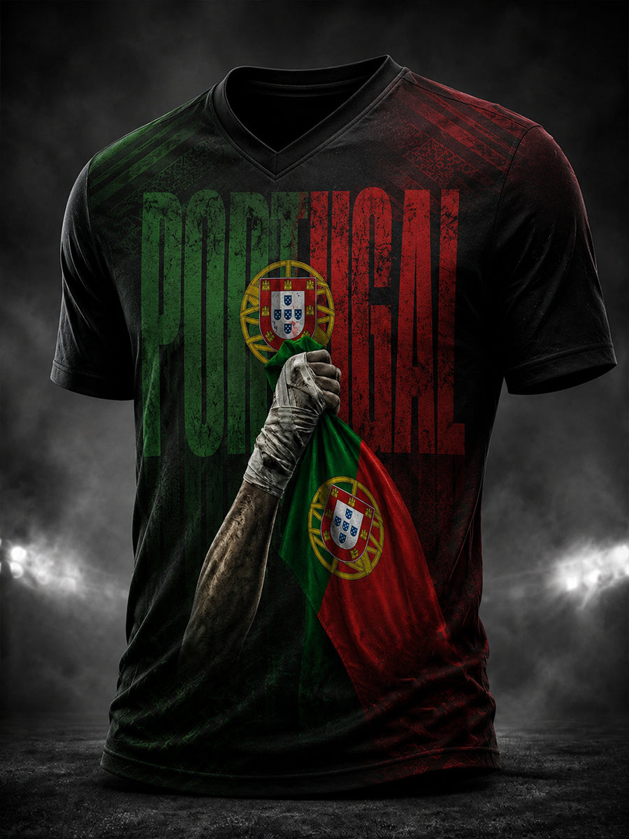 Camiseta masculina com estampa da lenda do futebol português, gola em V