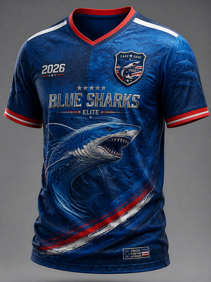Camiseta masculina de futebol de Cabo Verde com gola em V