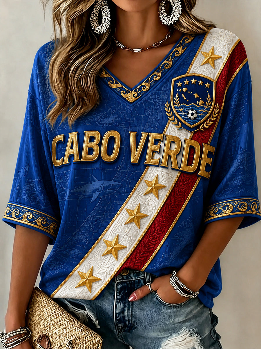 Camisa de linho com gola em V e estampa de futebol de Cabo Verde para mulheres
