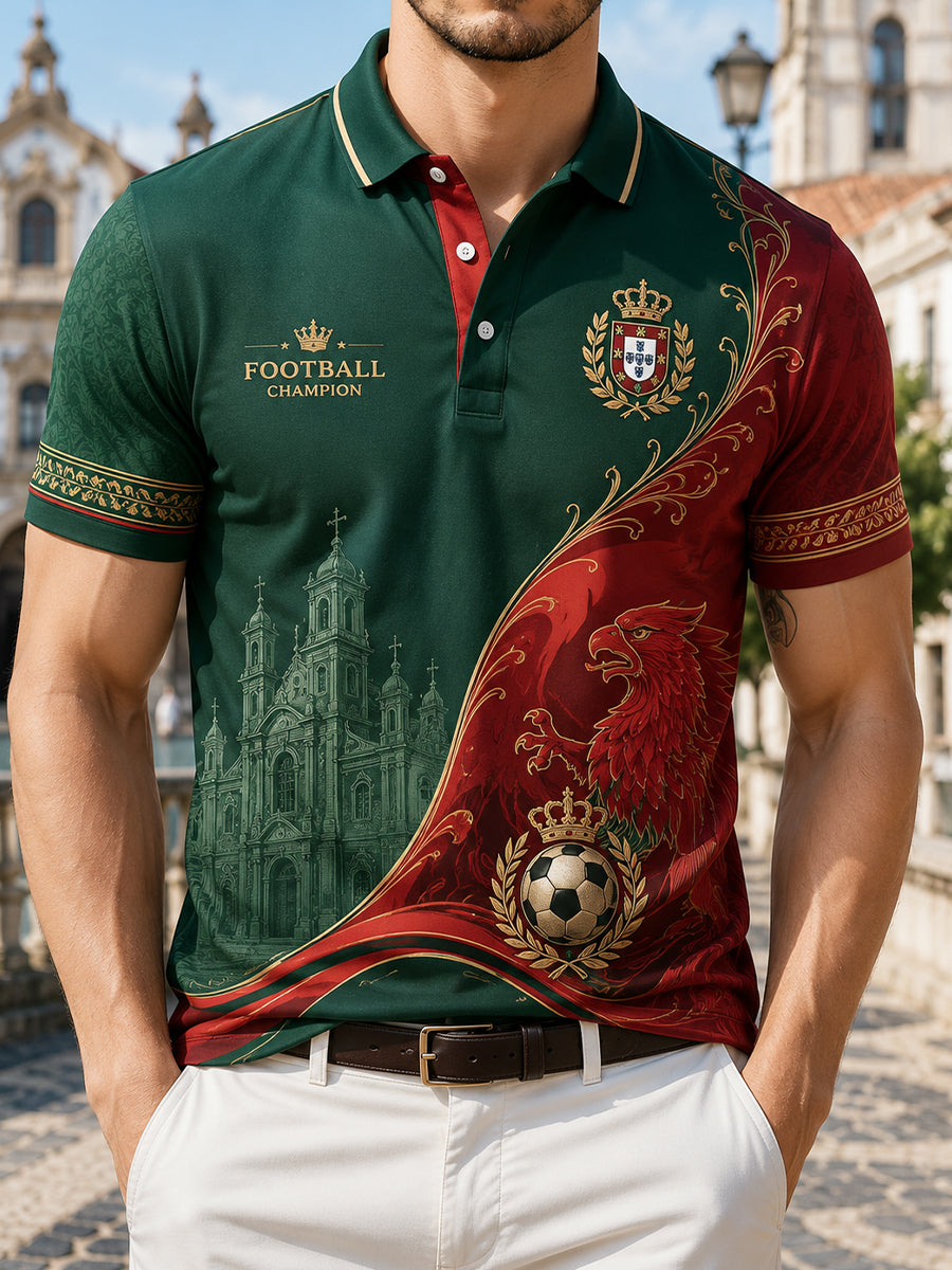 Camisa polo com estampa artística de elemento de torcida em partida de futebol masculino em Portugal