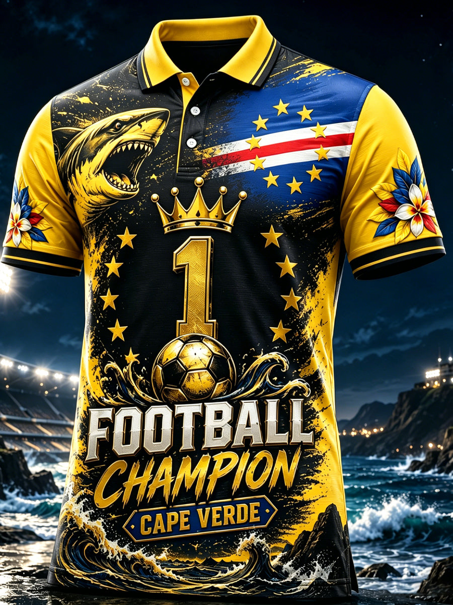 Camisa polo com estampa artística de elemento de torcida para jogos de futebol de Cabo Verde, masculina