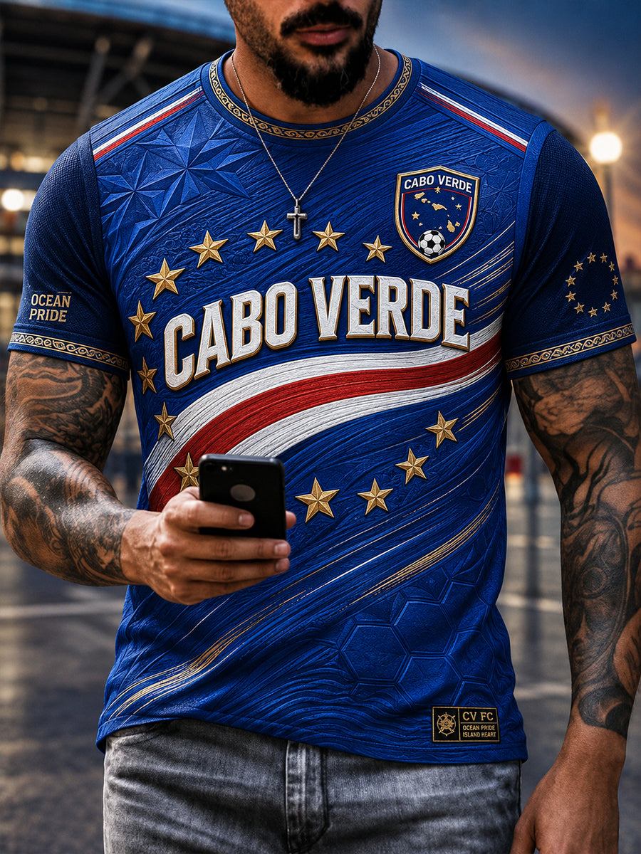 Camiseta de Manga Curta de Futebol de Cabo Verde para Homens