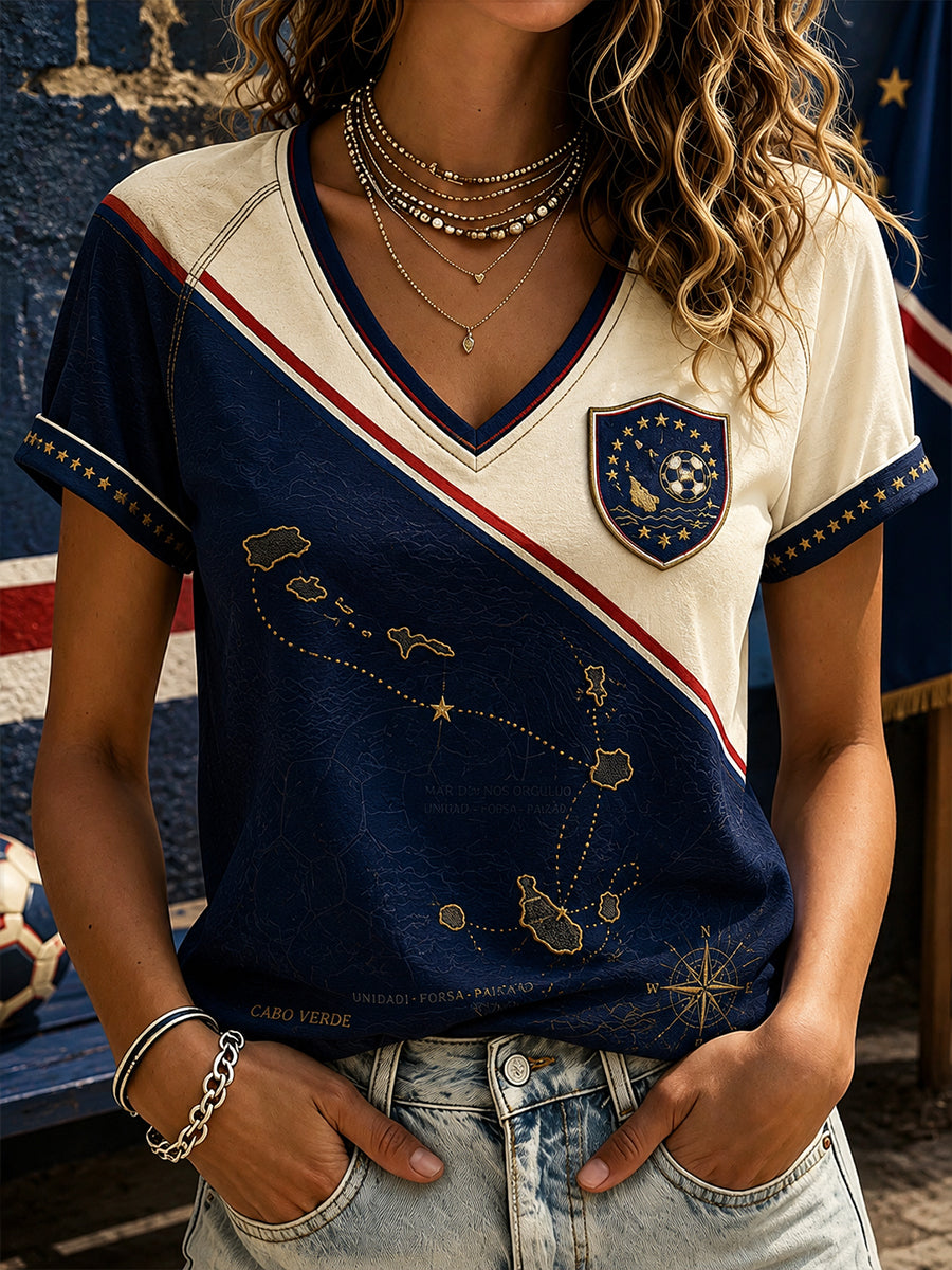 Camiseta de manga curta feminino Cabo Verde Futebol Decote V Off-Ombro