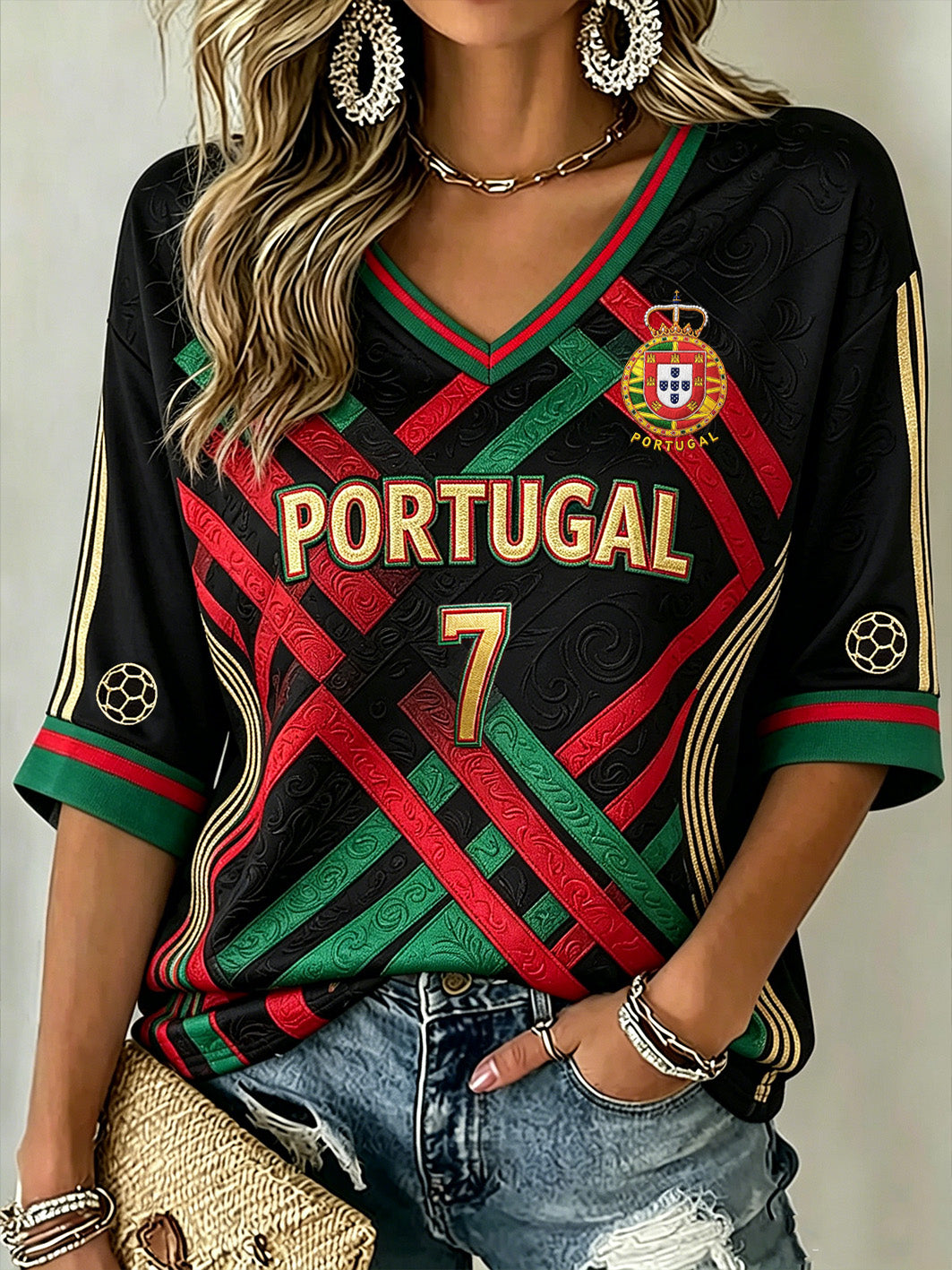 Cor-bloqueio Design futebol elemento Casual meados de comprimento mangas t-shirt do mulheres com decote em v