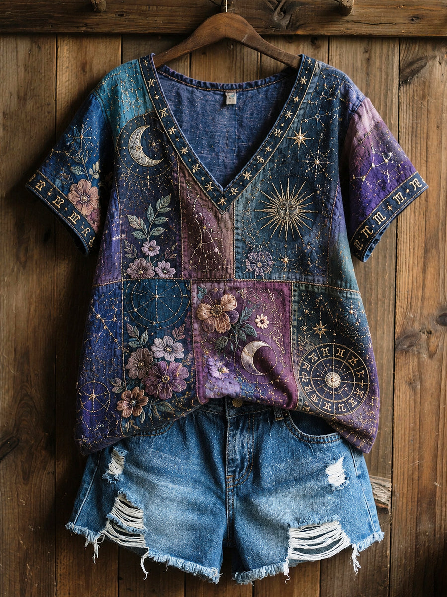 Camiseta retro do algodão-linho do algodão “arte cura” floral do zodíaco